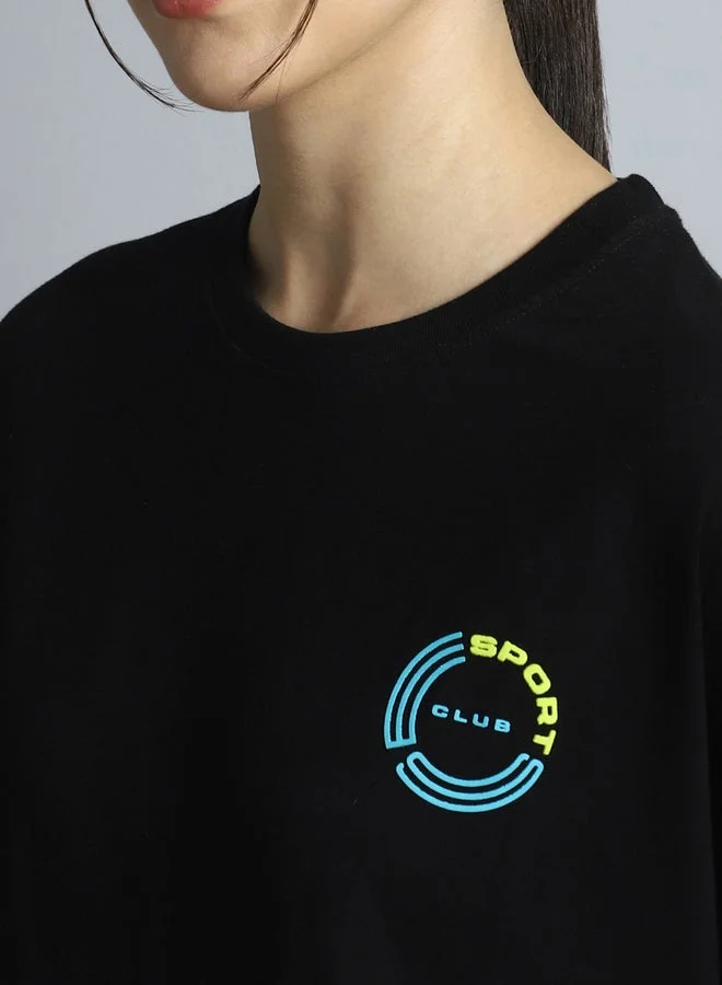 Cult Women Black Sports Club Relaxed Fit T-Shirt